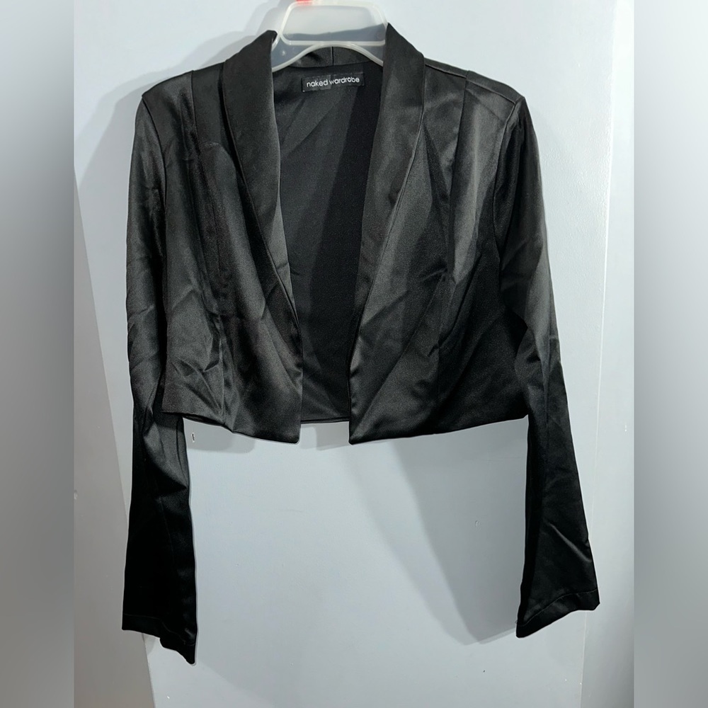 Naked Wardrobe black satin‎ open front jacket